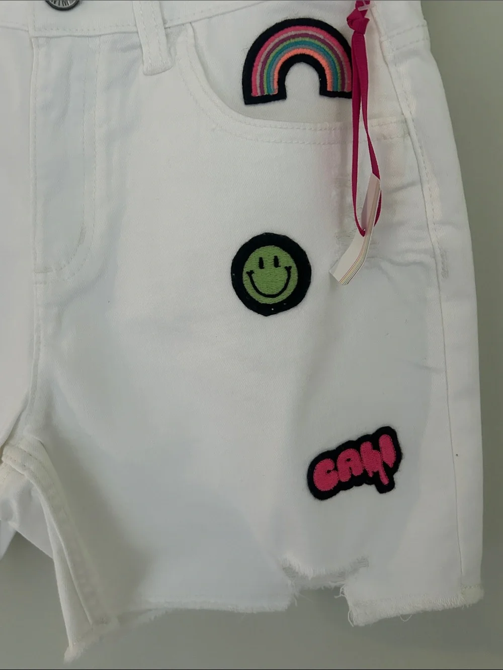Justice White Denim Shorts with Colorful Patch Accents